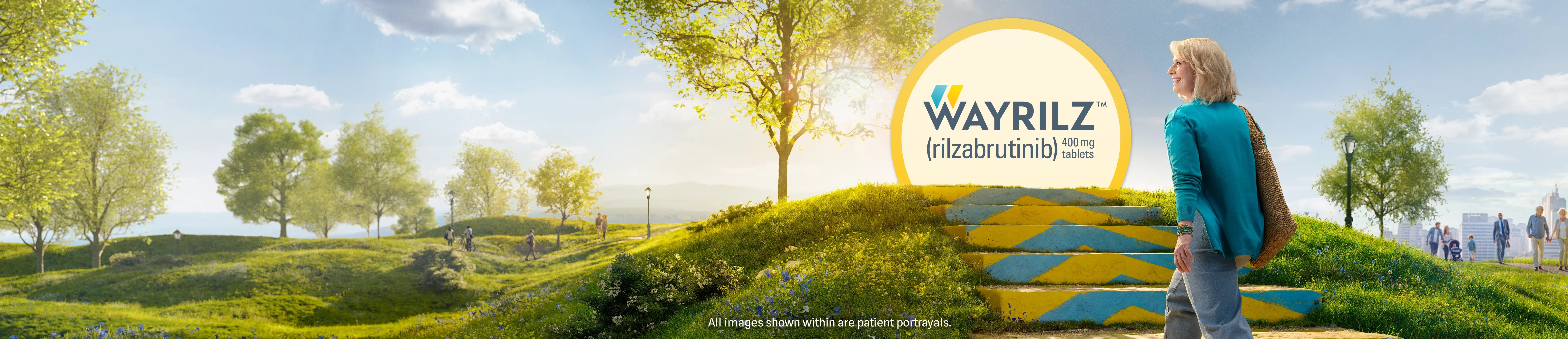 [Now approved symbol with] logo and woman walking up steps with a chevron pattern