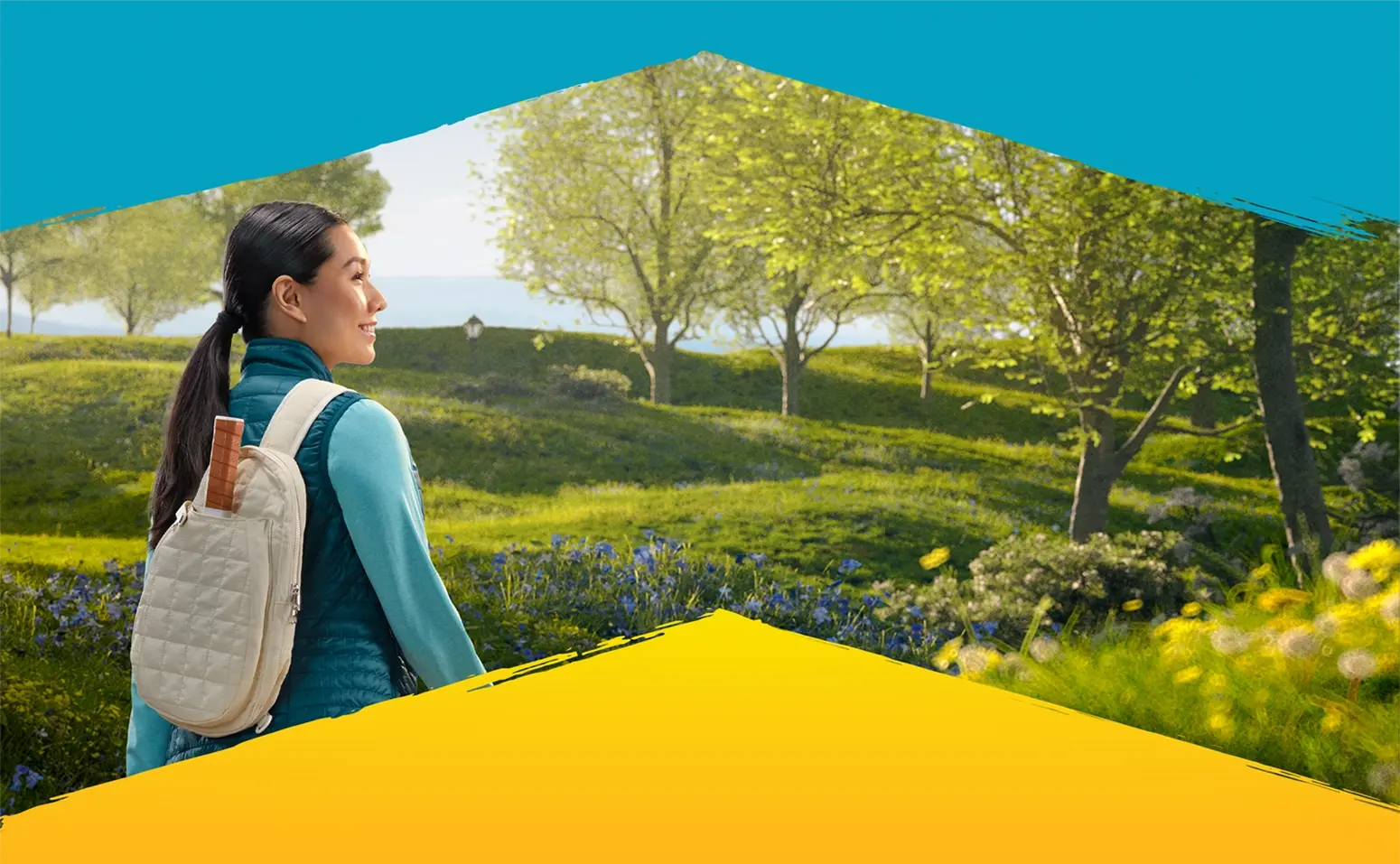 Woman walking through a park with chevron design