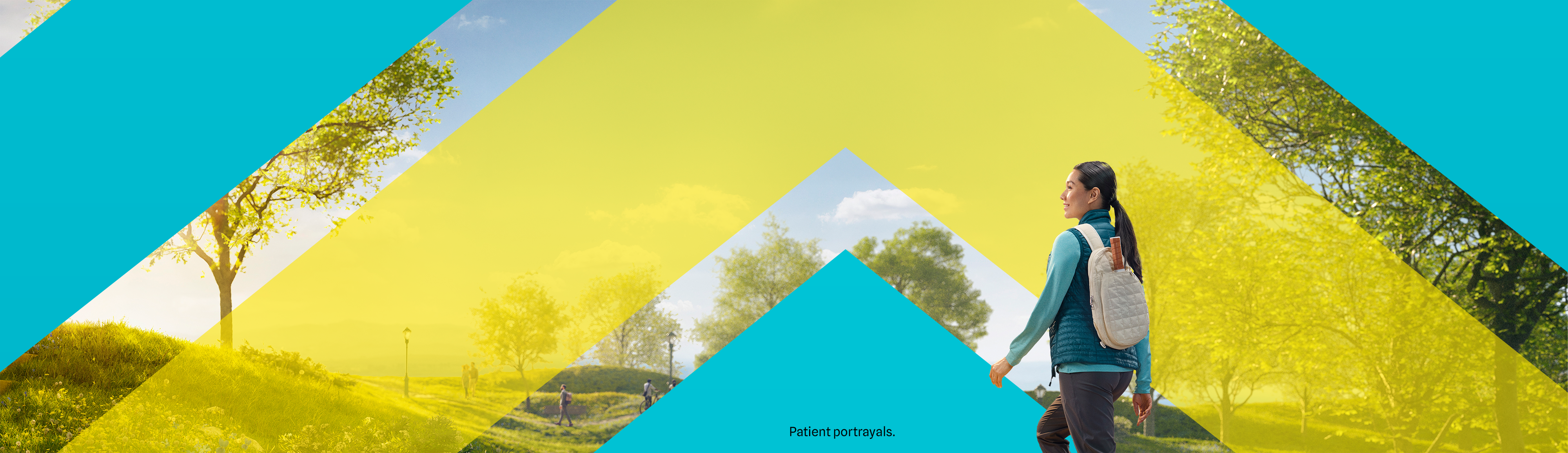Woman with backpack walking through the park with chevron background