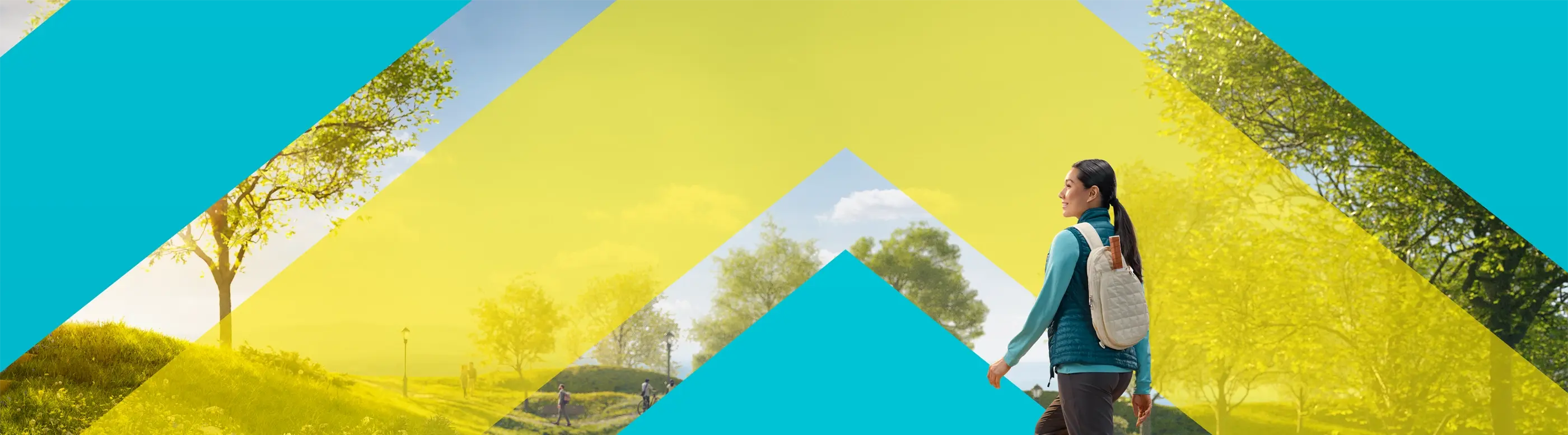 Woman with backpack walking through the park with chevron background