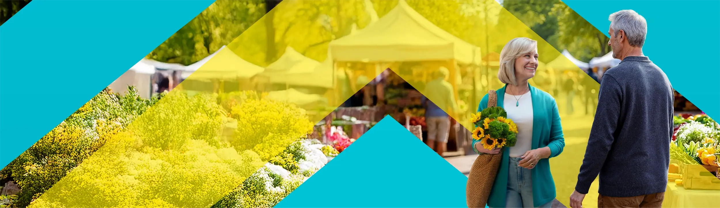 Woman holding flowers at farmer’s market chevron background