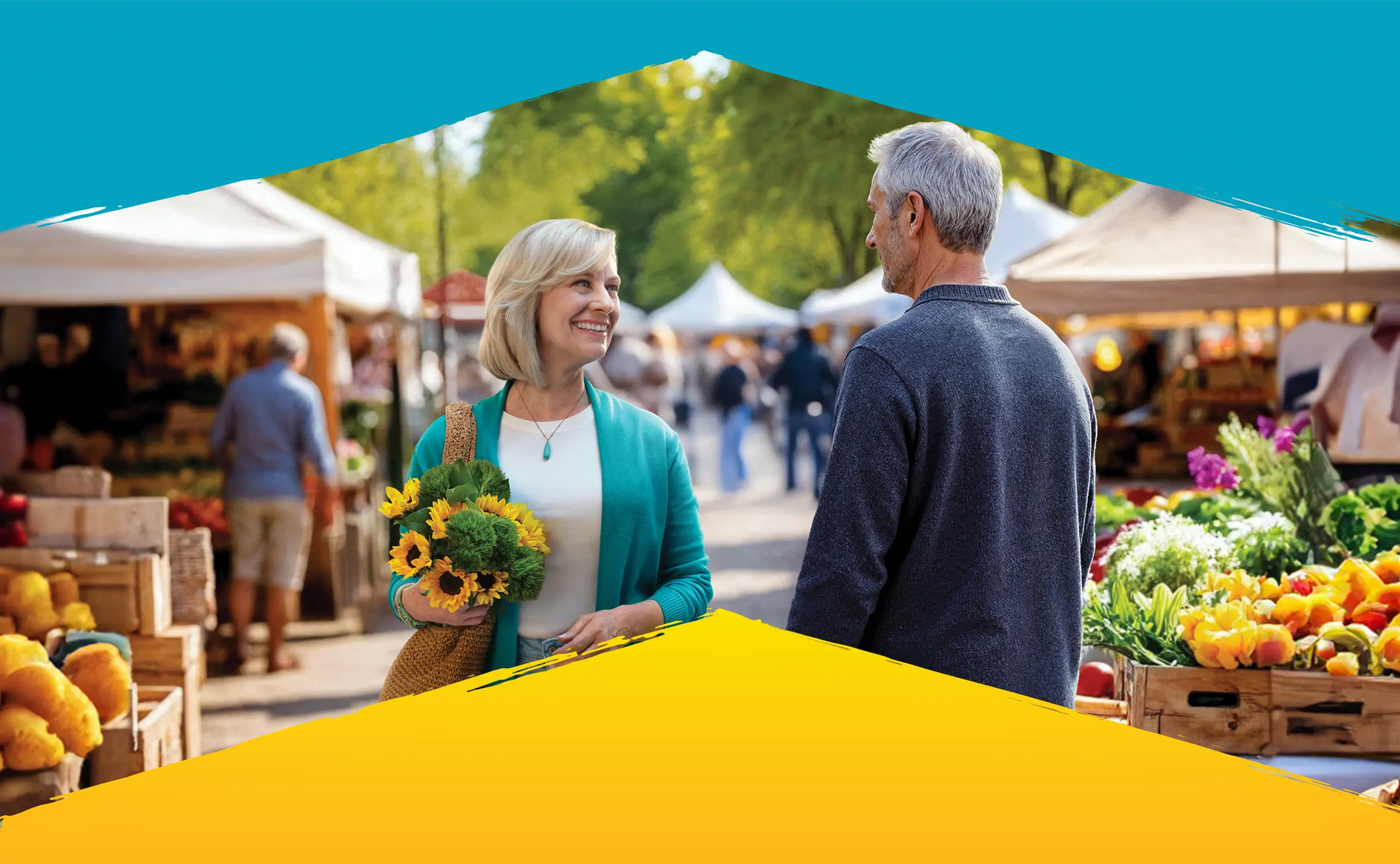 Woman and man walking at farmers market